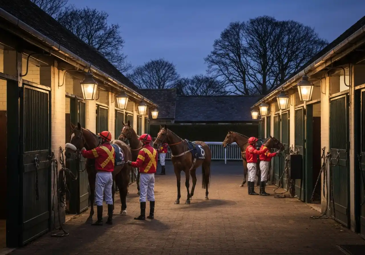 British horse racing stable with jockeys preparing thoroughbreds