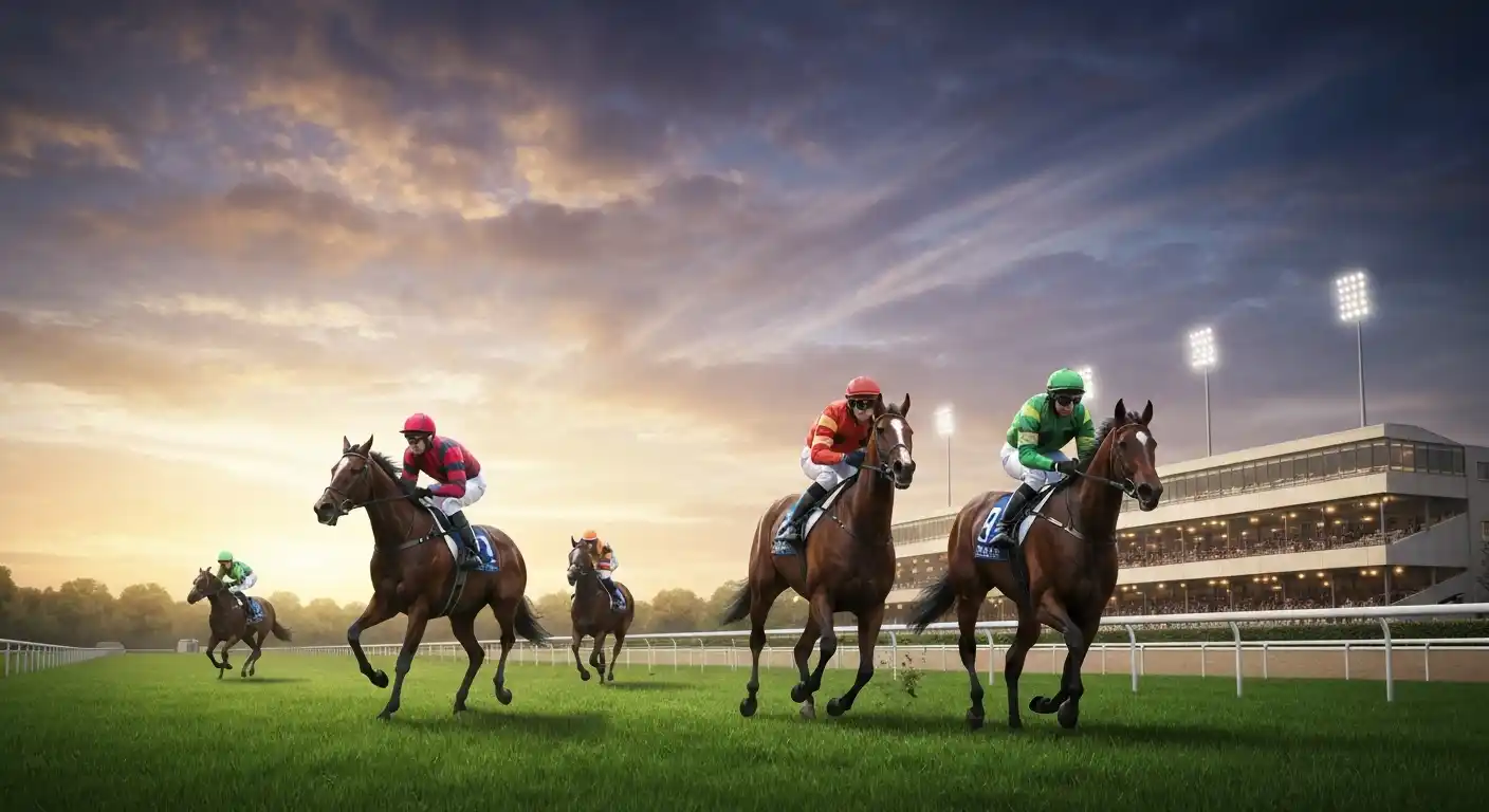 Thoroughbred horses racing on a British turf track at golden hour